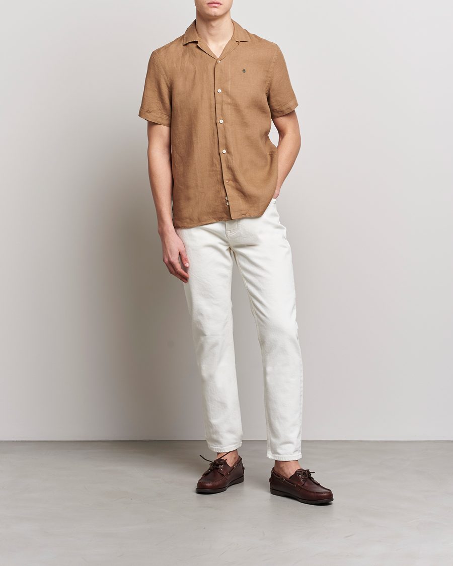 Hombres | Camisas | Morris | Douglas Linen Short Sleeve Shirt Khaki Brown