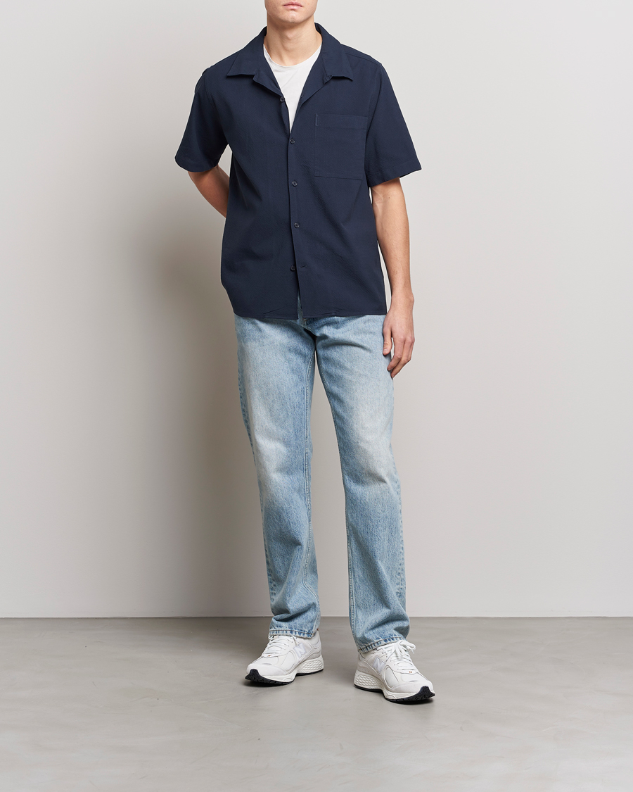 Hombres | Camisas | NN07 | Julio Seersucker Short Sleeve Shirt Navy Blue