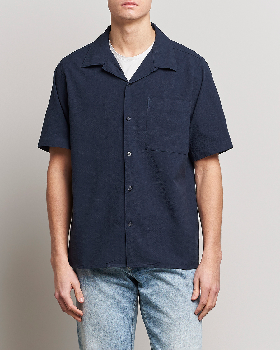 Hombres | Camisas de manga corta | NN07 | Julio Seersucker Short Sleeve Shirt Navy Blue