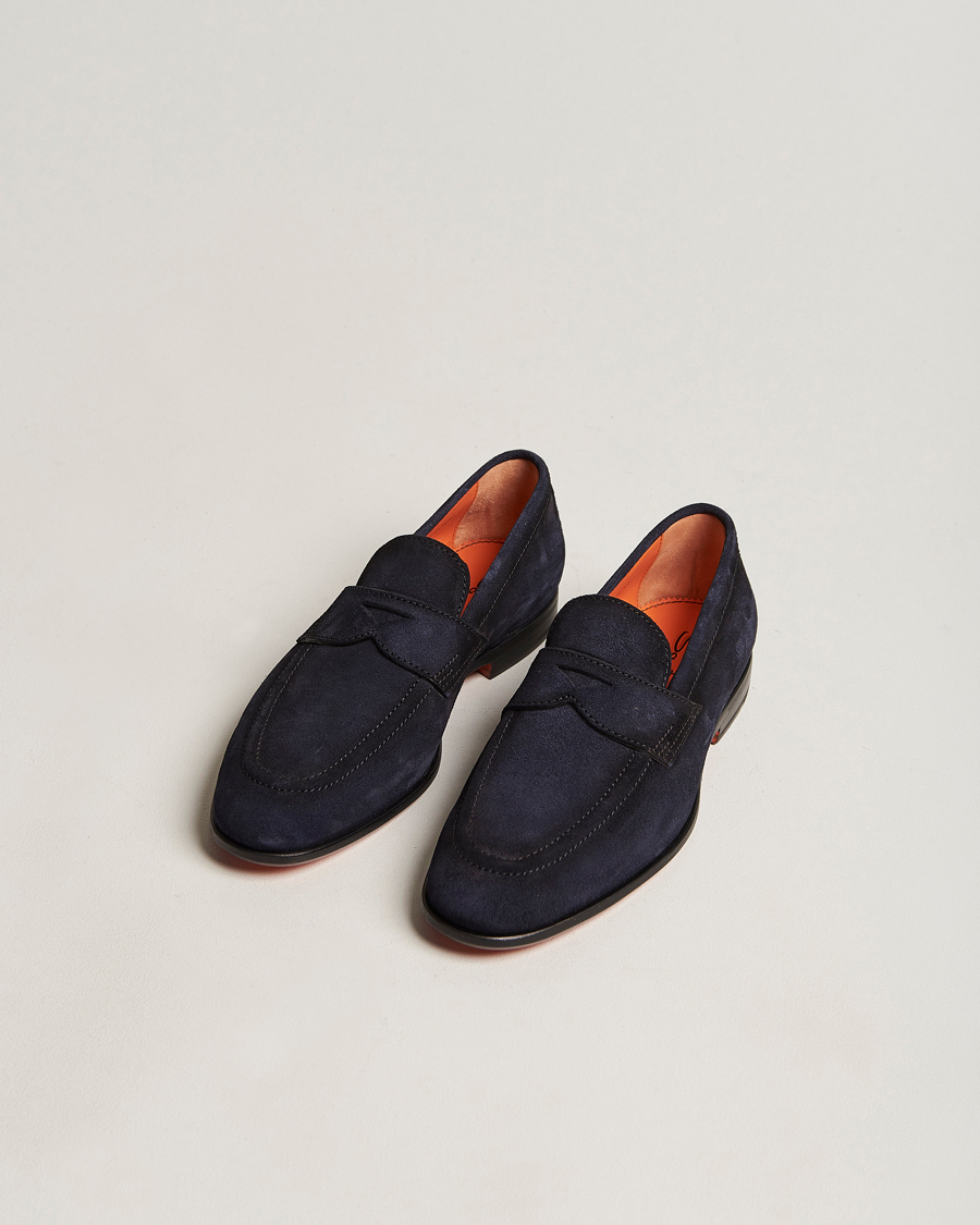 Hombres | Santoni Penny Loafer Navy Suede | Santoni | Penny Loafer Navy Suede