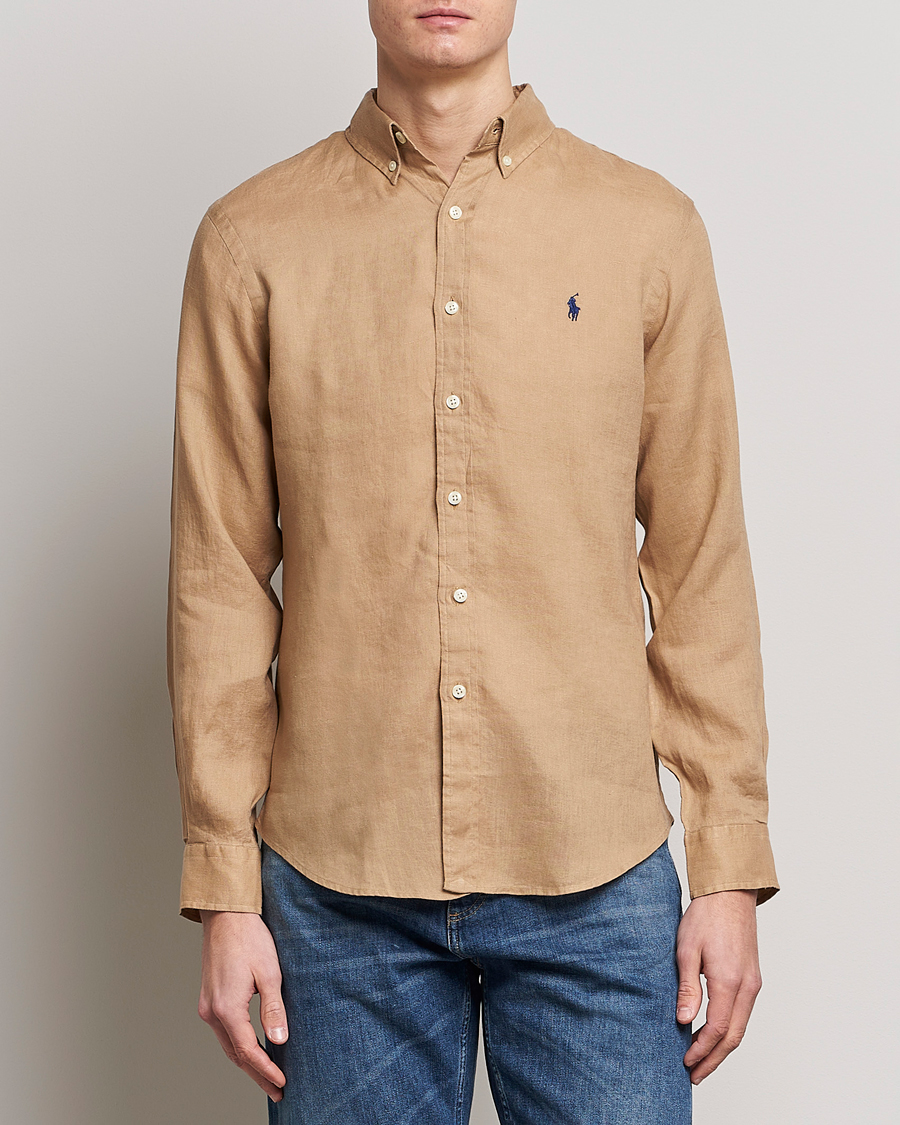 Hombres | Camisas de lino | Polo Ralph Lauren | Slim Fit Linen Button Down Shirt Vintage Khaki