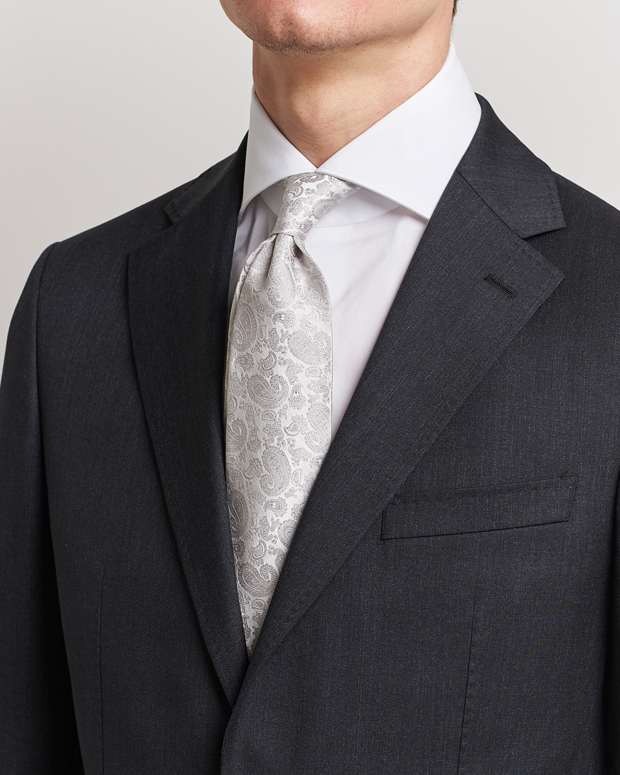 Hombres | Corbatas | Amanda Christensen | Silk Tonal Paisley Tie 8 cm Silver