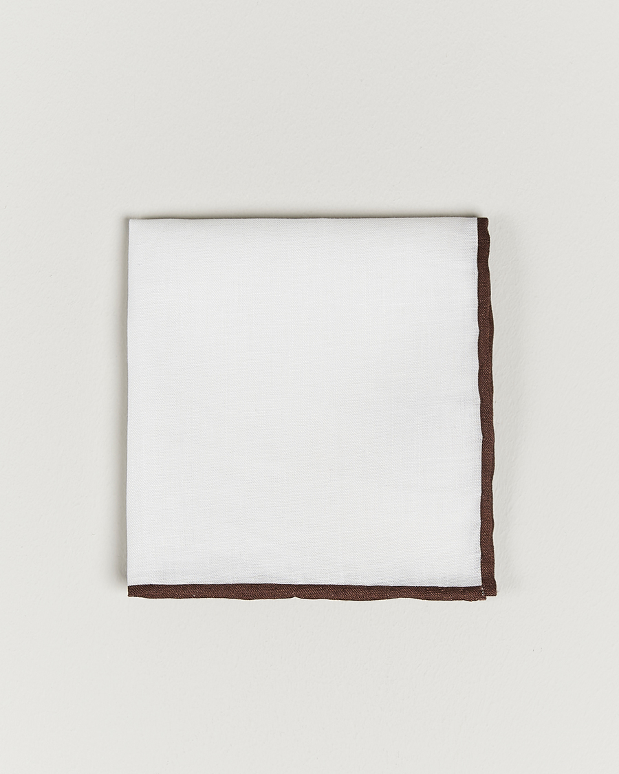 Hombres | Amanda Christensen Linen Paspoal Pocket Square White/Brown | Amanda Christensen | Linen Paspoal Pocket Square White/Brown