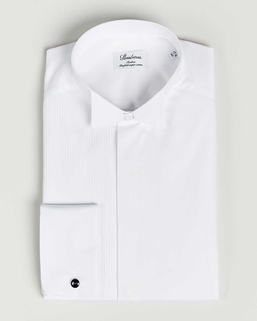 Hombres | Camisas | Stenströms | Slimline Stand Up Collar Plissè Shirt White