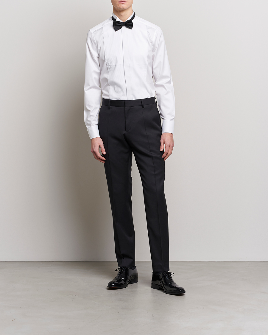 Hombres | Formal | Stenströms | Slimline Stand Up Collar Plissè Shirt White