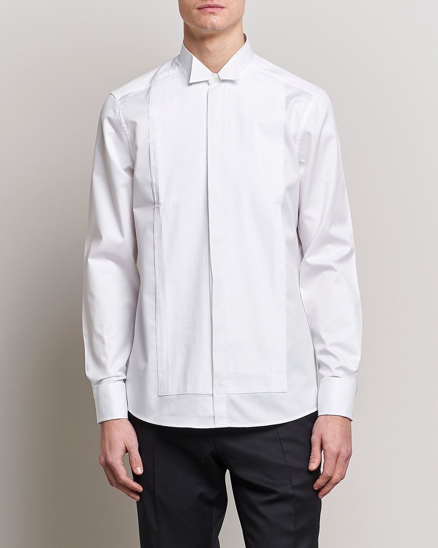Hombres | Camisas | Stenströms | Slimline Stand Up Collar Plissè Shirt White