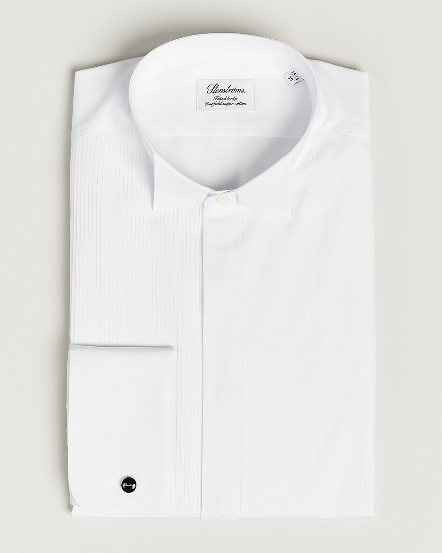 Hombres | Camisas | Stenströms | Fitted Body Stand Up Collar Plissè Shirt White