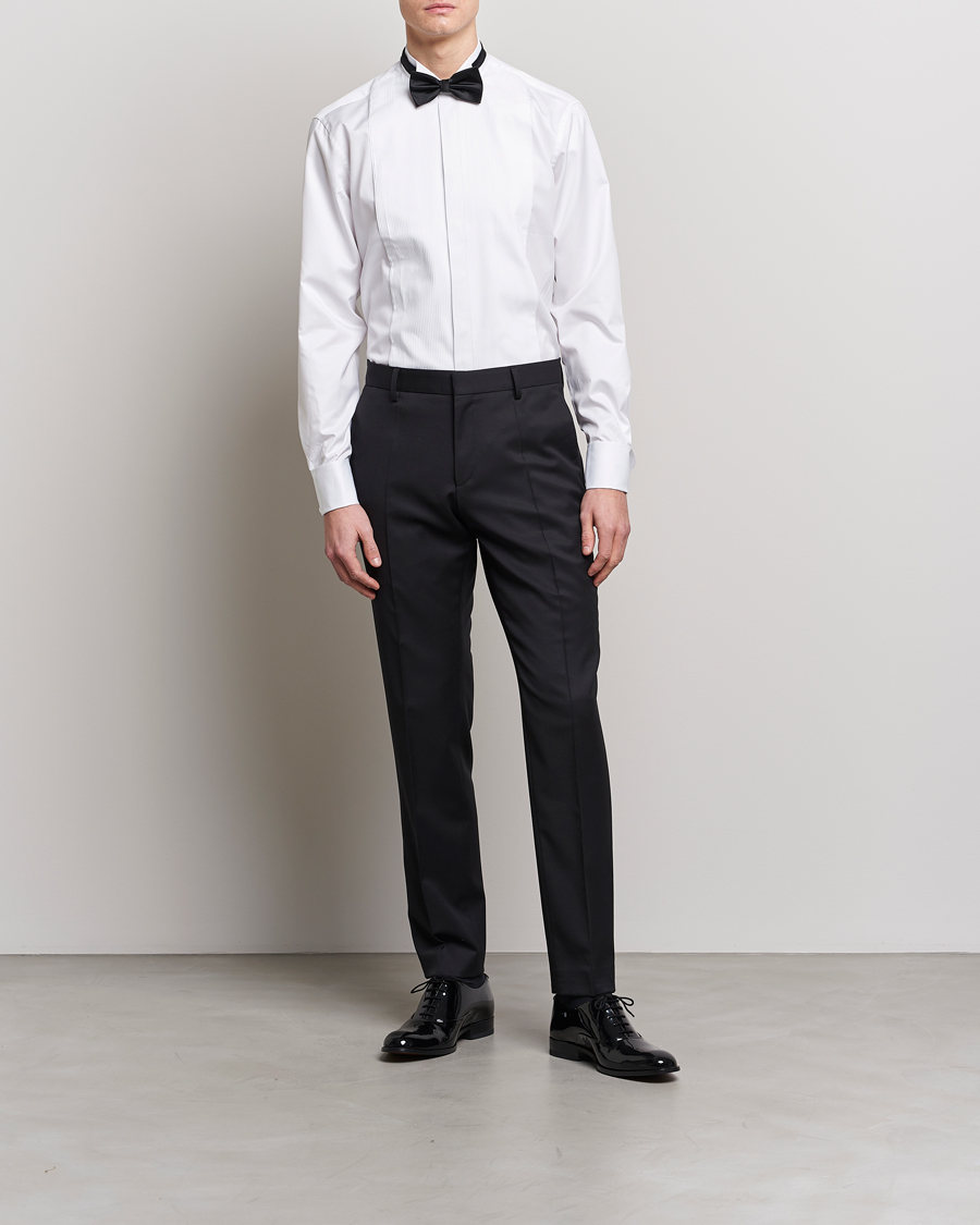 Hombres | Corbata negra | Stenströms | Fitted Body Stand Up Collar Plissè Shirt White