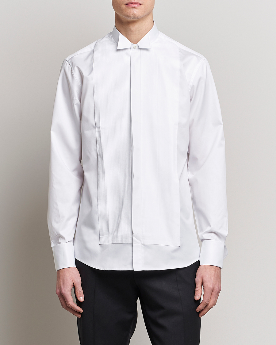 Hombres | Camisas | Stenströms | Fitted Body Stand Up Collar Plissè Shirt White