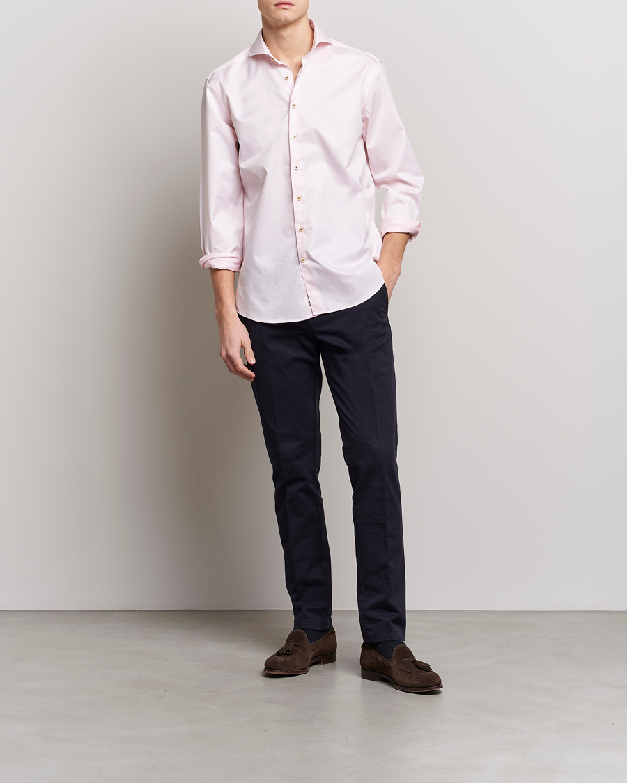 Hombres | Camisas | Stenströms | Fitted Body Washed Cotton Plain Shirt Pink