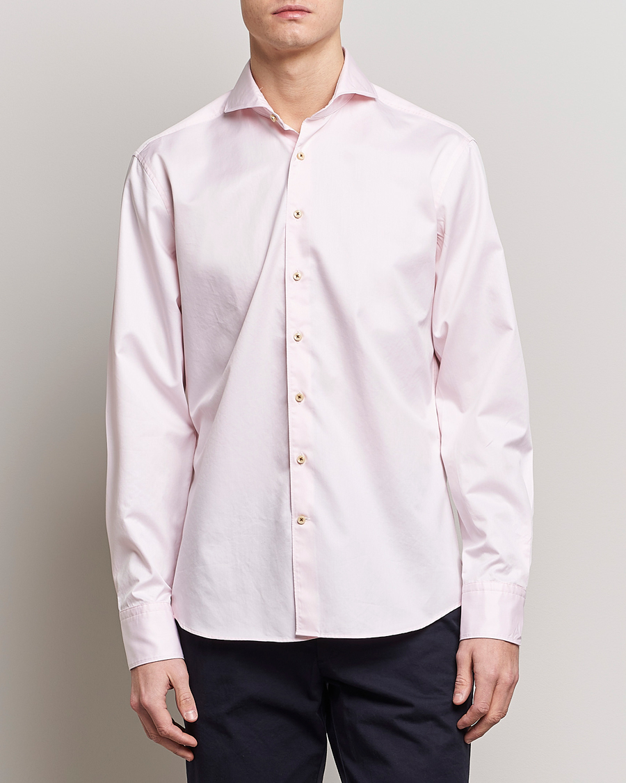 Hombres | Camisas casuales | Stenströms | Fitted Body Washed Cotton Plain Shirt Pink
