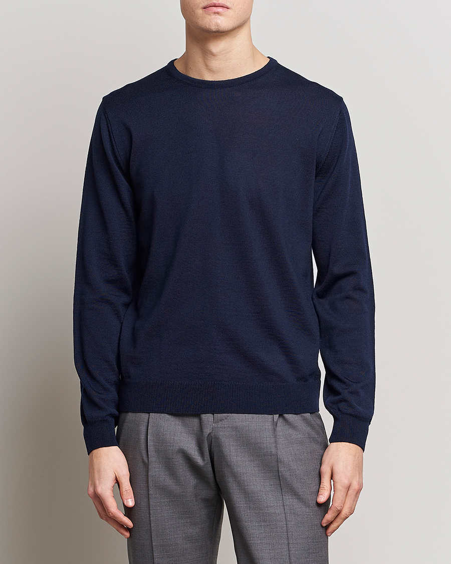 Hombres | Jerséis y prendas de punto | Stenströms | Merino Patch Crew Neck Navy/Light Grey