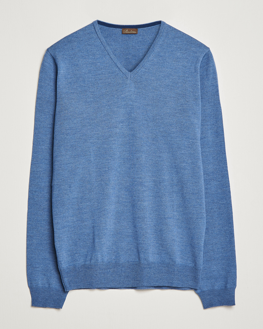 Hombres | Jerséis y prendas de punto | Stenströms | Merino Patch V-Neck Light Blue/Blue
