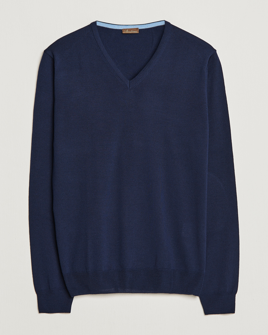 Hombres | Jerséis y prendas de punto | Stenströms | Merino Patch V-Neck Navy/Light Blue