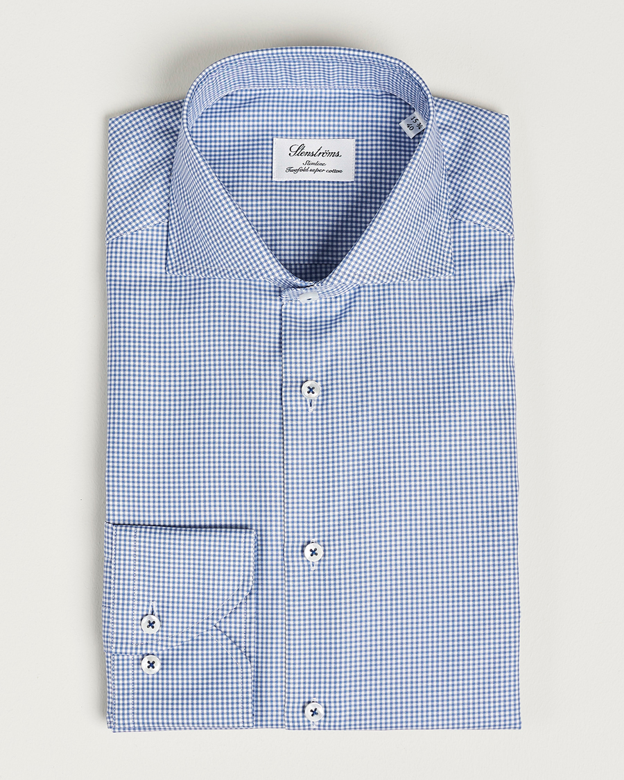 Hombres | Camisas | Stenströms | Slimline Small Check Cut Away Shirt Blue