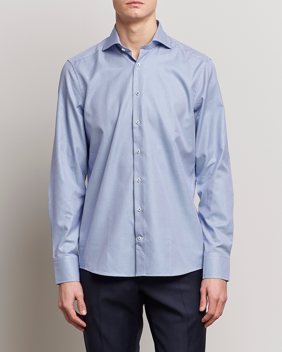 Hombres | Camisas | Stenströms | Slimline Small Check Cut Away Shirt Blue