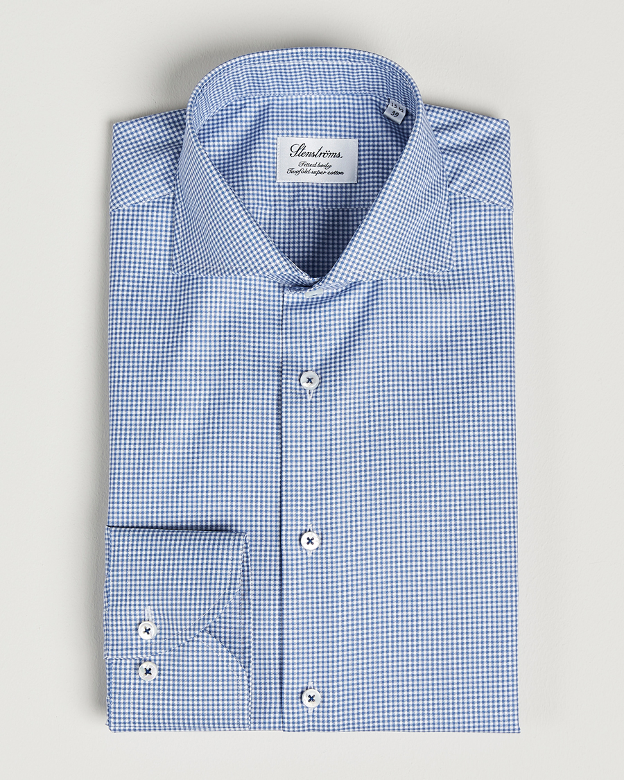 Hombres | Camisas | Stenströms | Fitted Body Small Check Cut Away Shirt Blue