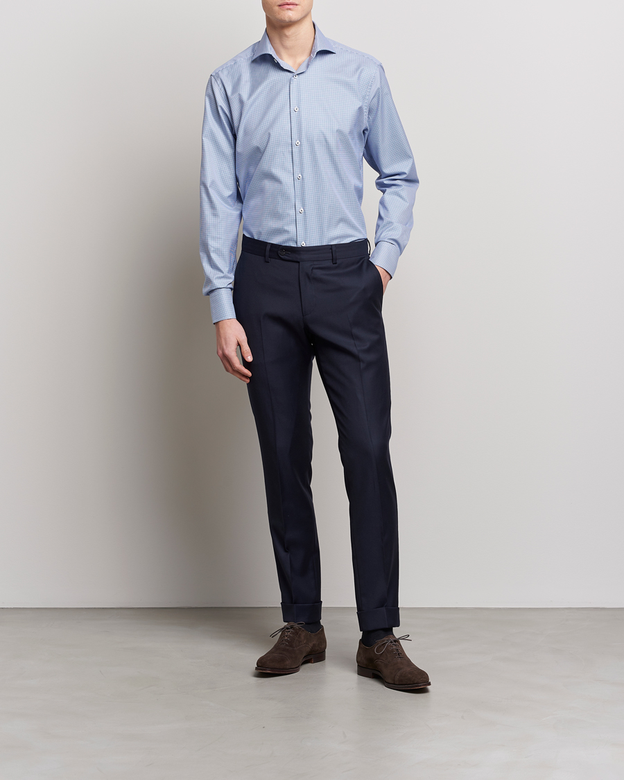Hombres | Camisas | Stenströms | Fitted Body Small Check Cut Away Shirt Blue
