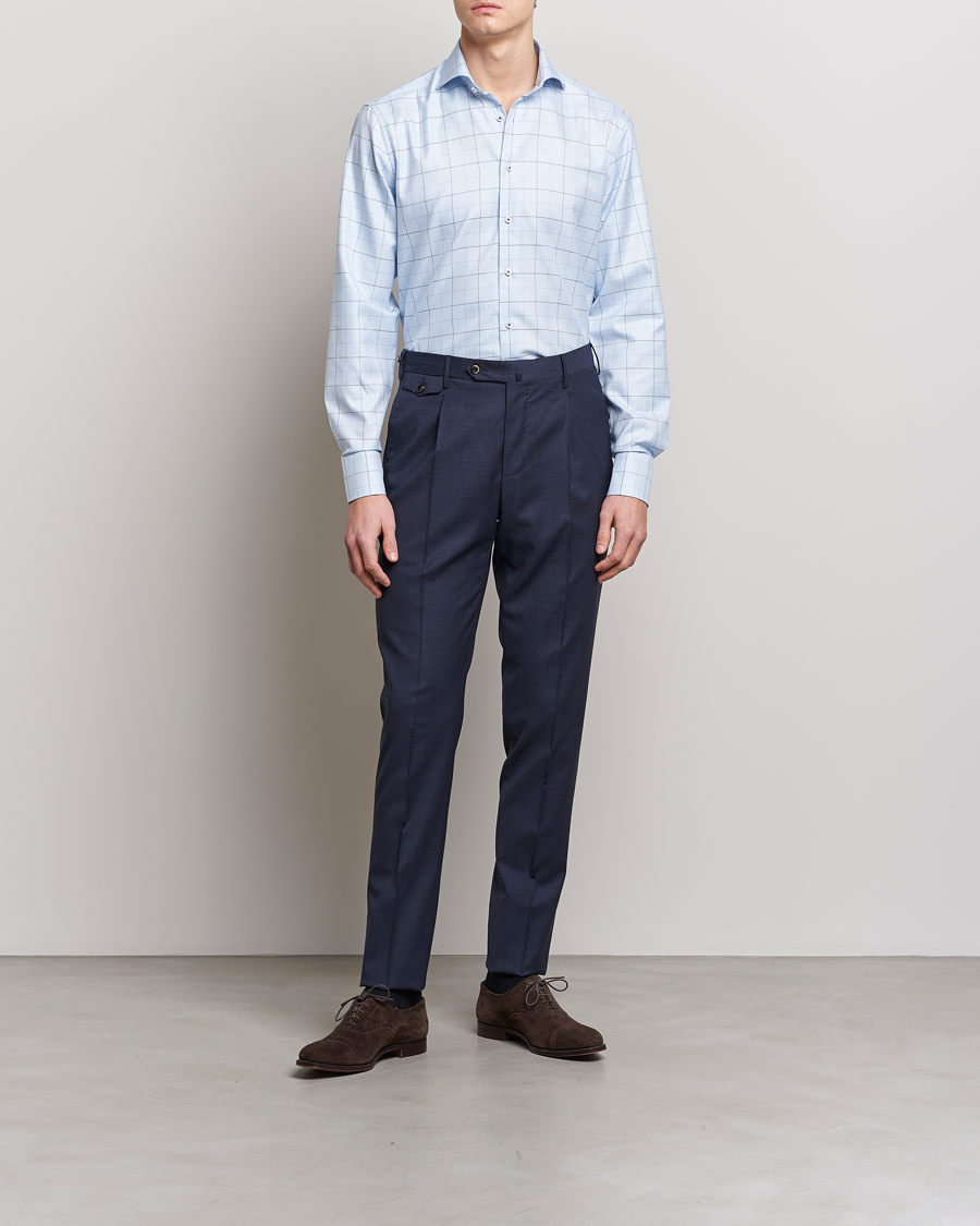 Hombres | Ropa | Stenströms | Fitted Body Cut Away Windowpane Shirt Blue