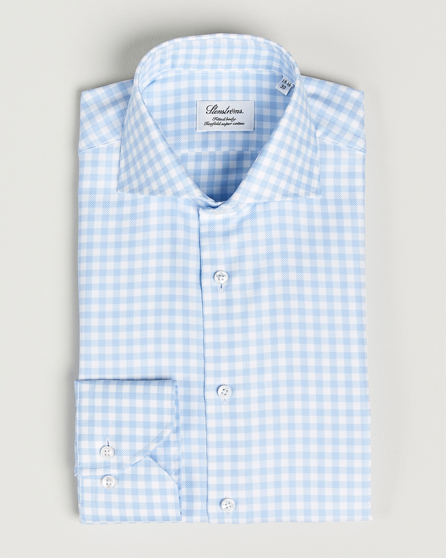 Hombres | Camisas | Stenströms | Fitted Body Checked Cut Away Shirt Light Blue