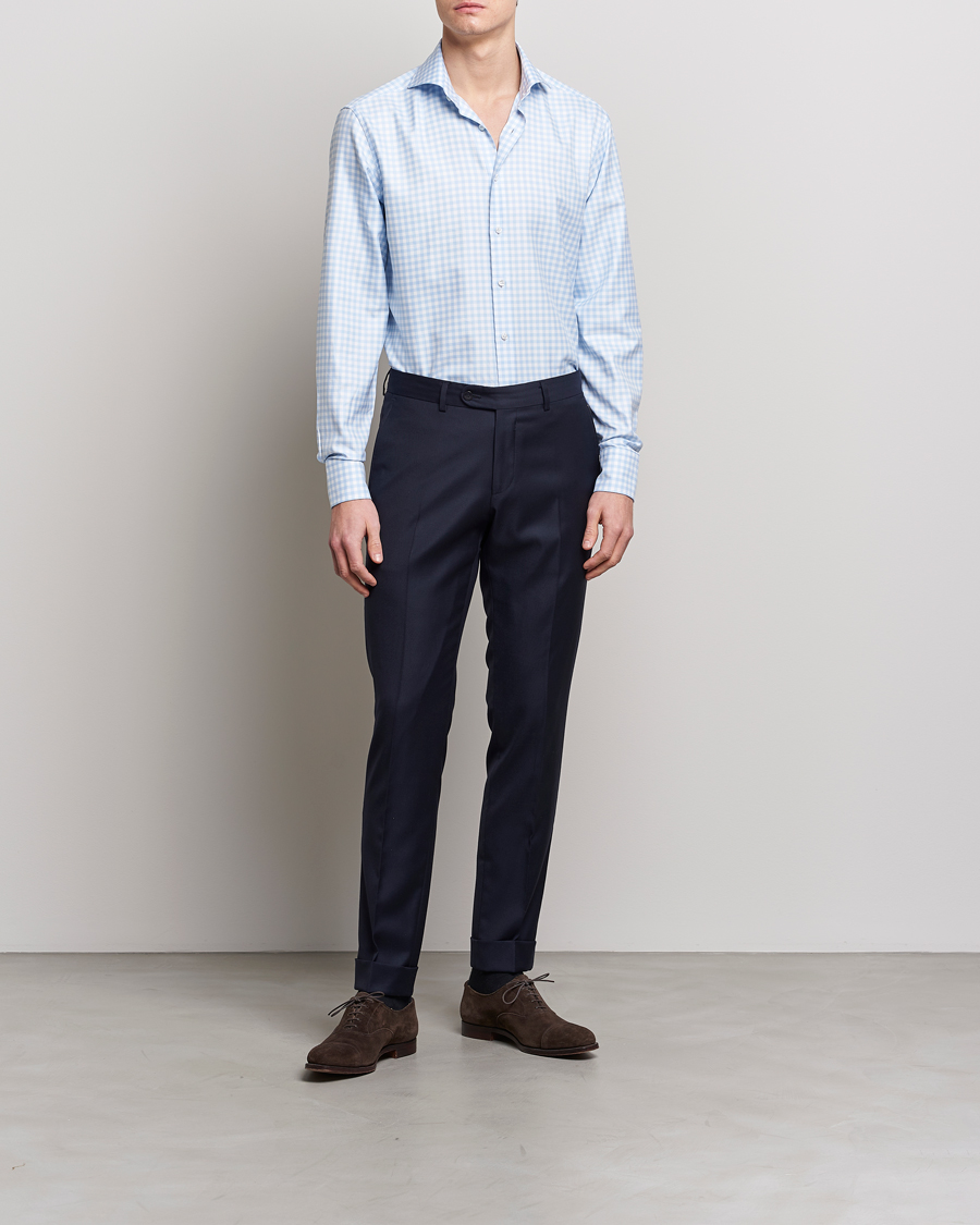 Hombres | Ropa | Stenströms | Fitted Body Checked Cut Away Shirt Light Blue
