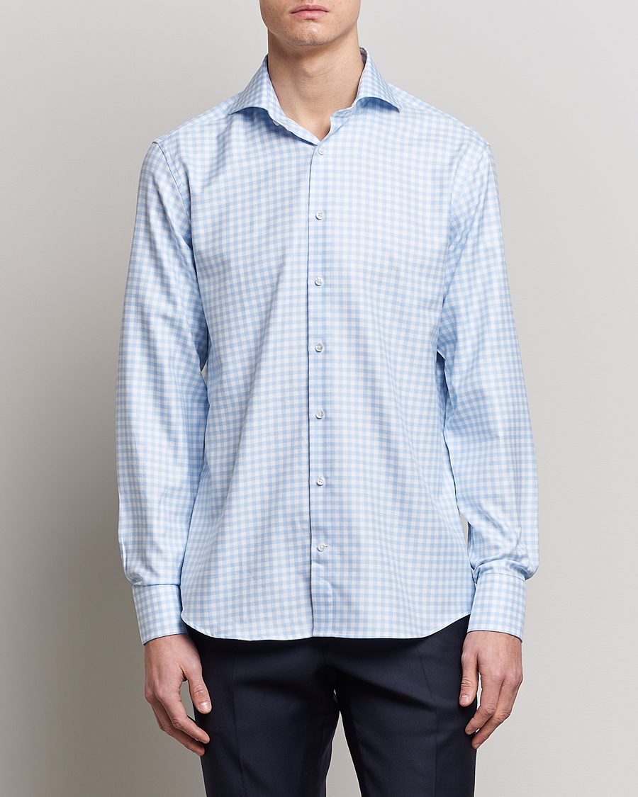 Hombres | Camisas | Stenströms | Fitted Body Checked Cut Away Shirt Light Blue