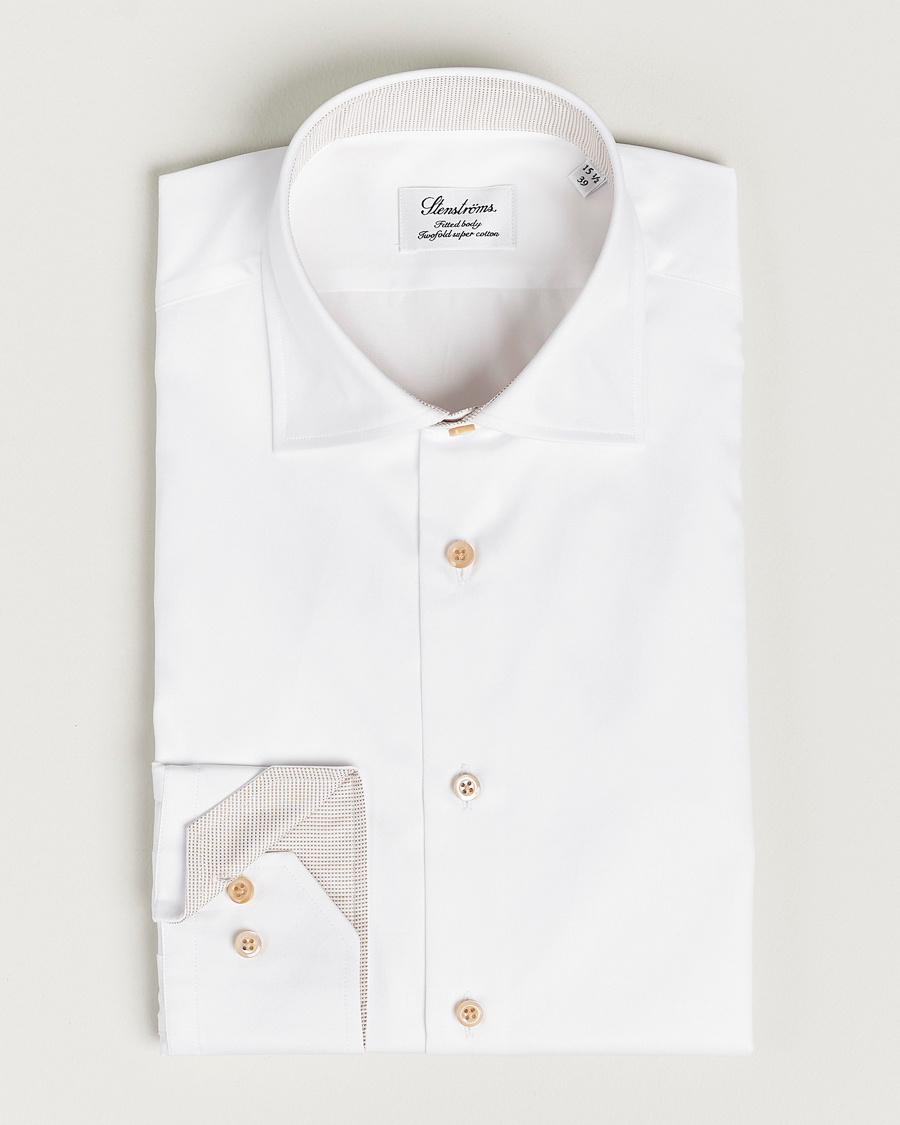 Hombres | Camisas | Stenströms | Slimline Contrast Cotton Shirt White