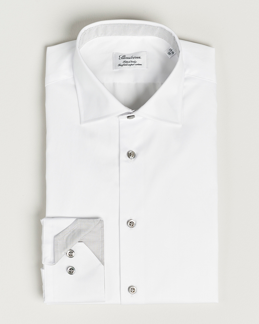 Hombres | Camisas | Stenströms | Fitted Body Contrast Cotton Twill Shirt White