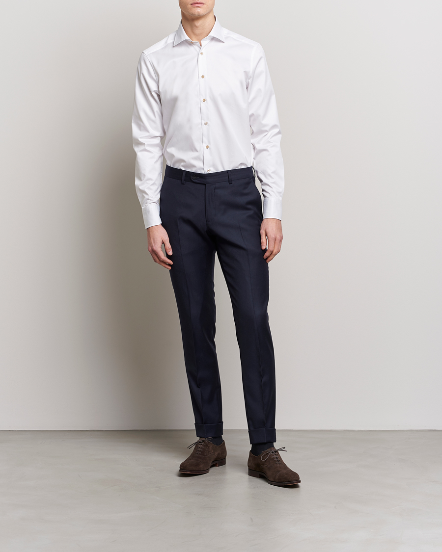 Hombres | Camisas de vestir | Stenströms | Fitted Body Contrast Cotton Shirt White