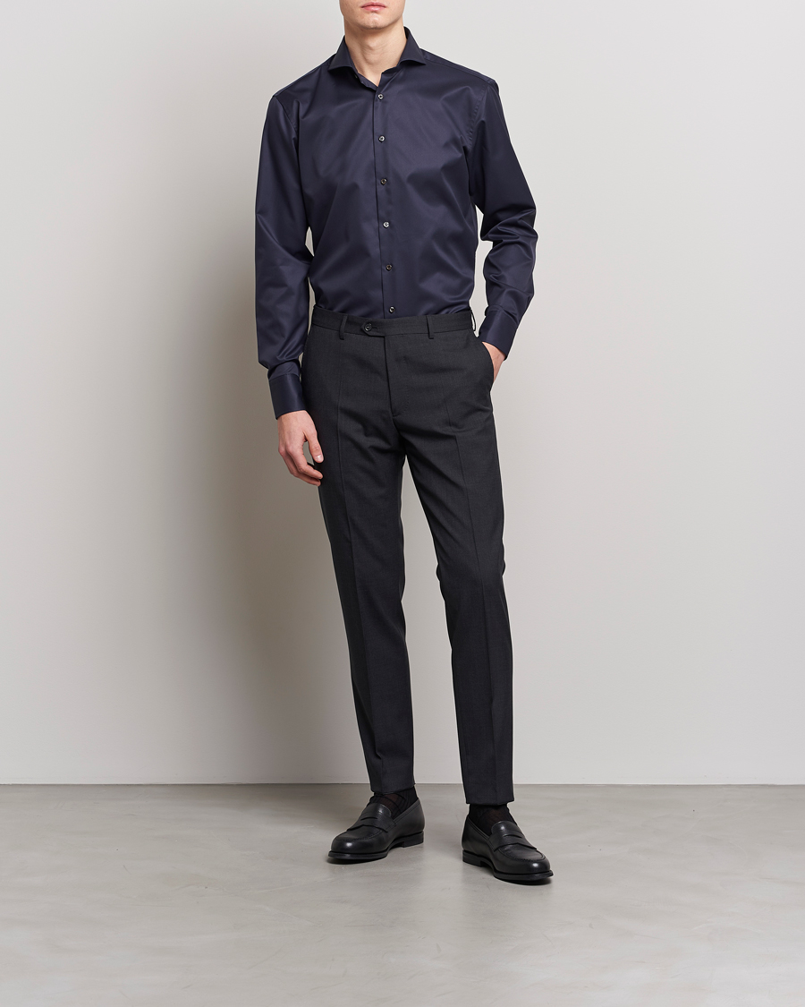 Hombres | Camisas | Stenströms | Fitted Body Extreme Cut Away Shirt Navy