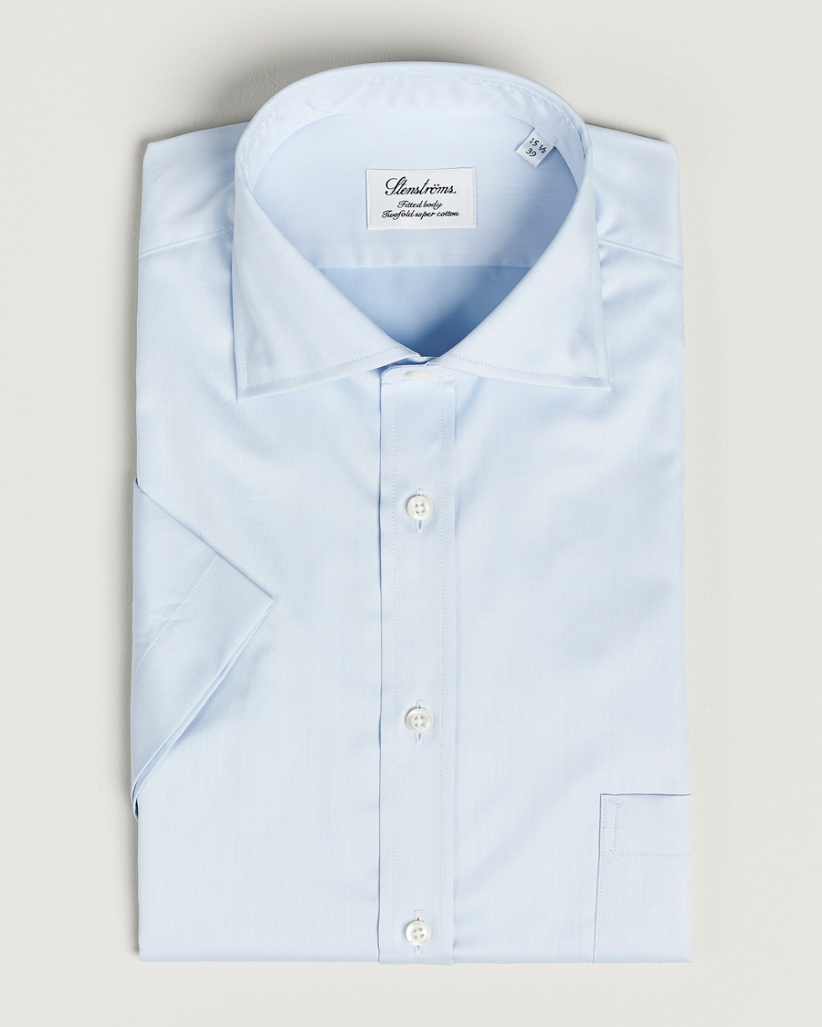Hombres | Camisas | Stenströms | Fitted Body Short Sleeve Twill Shirt Light Blue