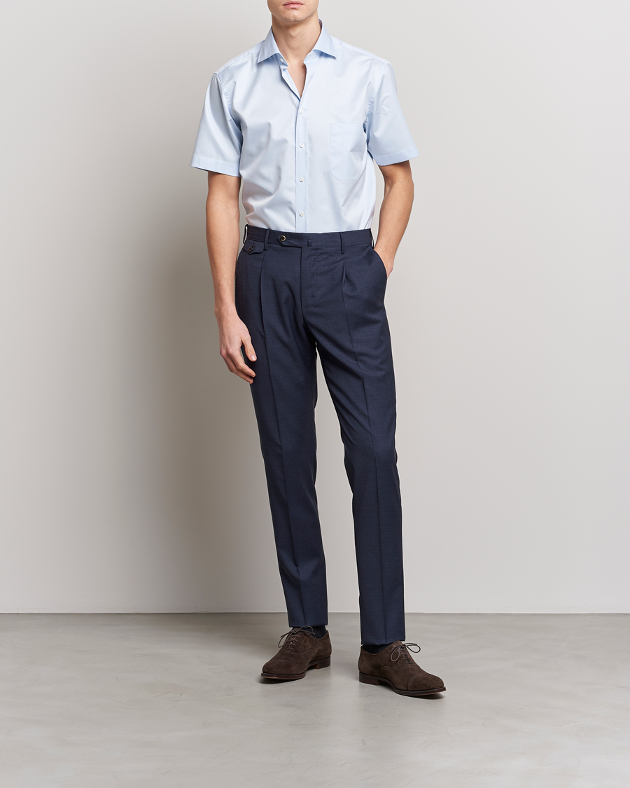 Hombres | Camisas | Stenströms | Fitted Body Short Sleeve Twill Shirt Light Blue