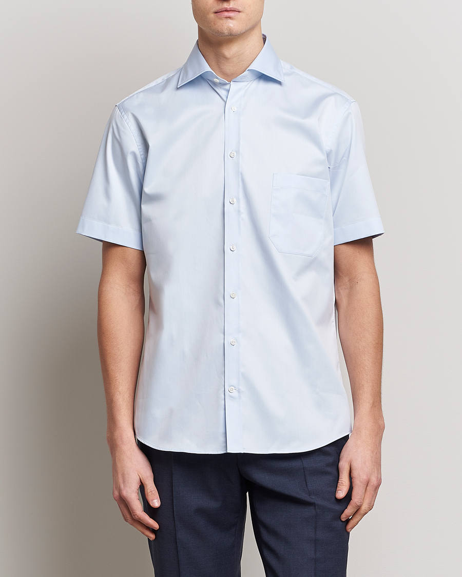 Hombres | Camisas de manga corta | Stenströms | Fitted Body Short Sleeve Twill Shirt Light Blue