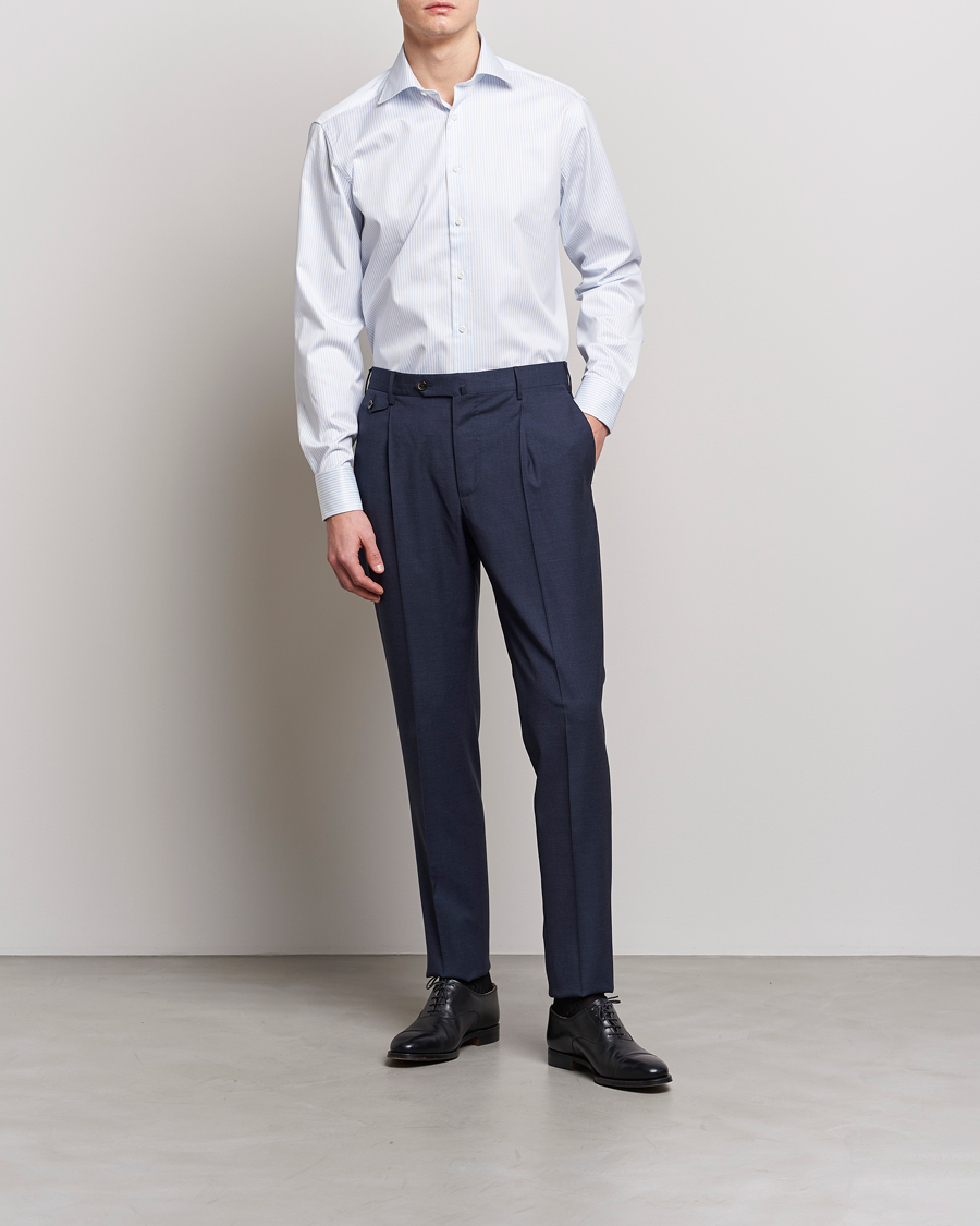Hombres | Camisas de vestir | Stenströms | Fitted Body Cotton Double Cuff Shirt White/Blue
