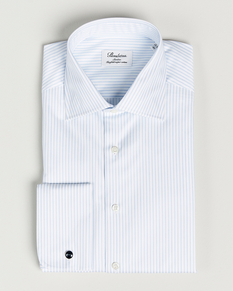 Hombres | Camisas | Stenströms | Slimline Cotton Double Cuff Shirt White/Blue