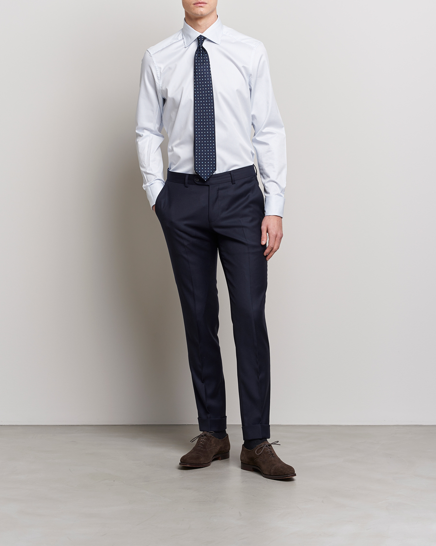 Hombres | Camisas de vestir | Stenströms | Slimline Cotton Double Cuff Shirt White/Blue