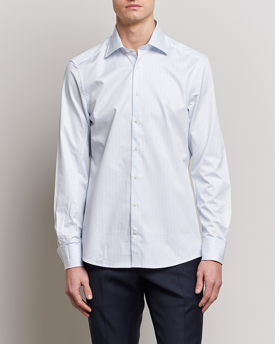 Hombres | Camisas | Stenströms | Slimline Cotton Double Cuff Shirt White/Blue