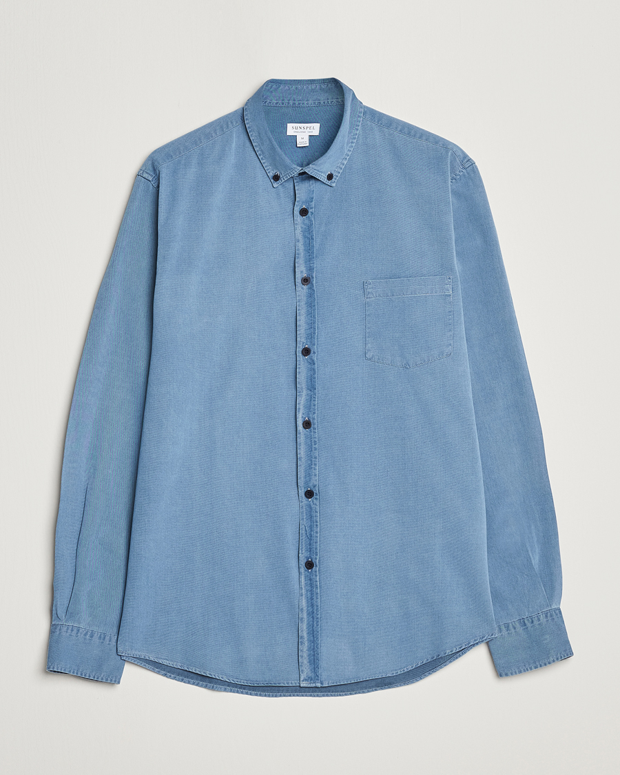 Hombres | Camisas | Sunspel | Cotton Twill Indigo Shirt Light Indigo