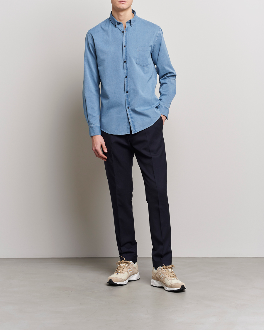 Hombres | Camisas | Sunspel | Cotton Twill Indigo Shirt Light Indigo