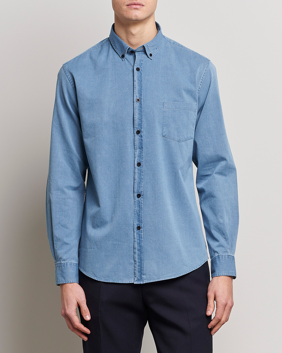 Hombres | Camisas | Sunspel | Cotton Twill Indigo Shirt Light Indigo