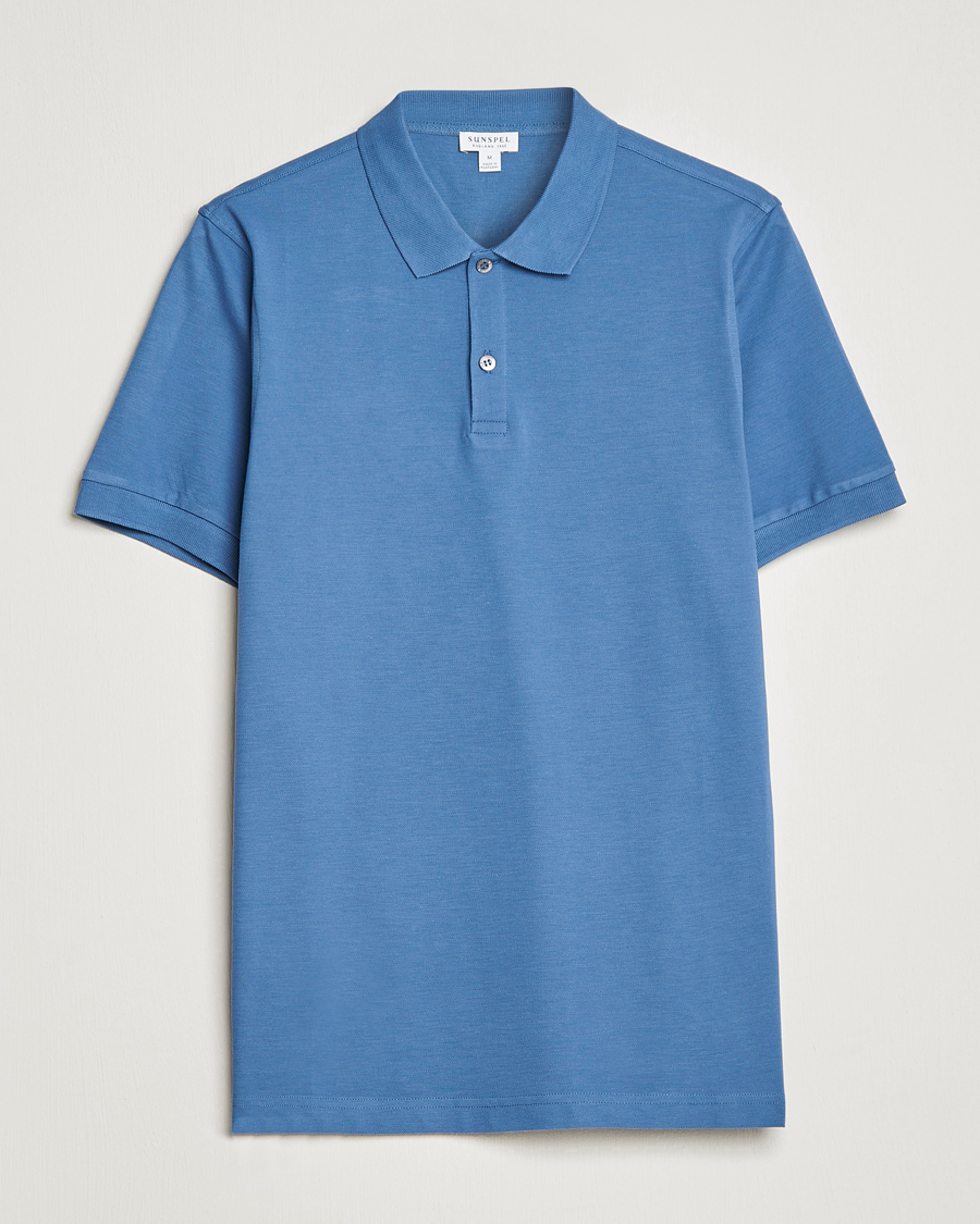 Hombres | Polos | Sunspel | Short Sleeve Pique Polo Blue Stone