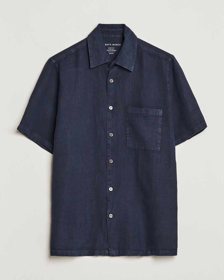 Hombres | Camisas | A Day's March | Khito Short Sleeve Linen Shirt Dark Navy