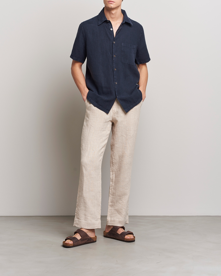 Hombres | Camisas | A Day's March | Khito Short Sleeve Linen Shirt Dark Navy