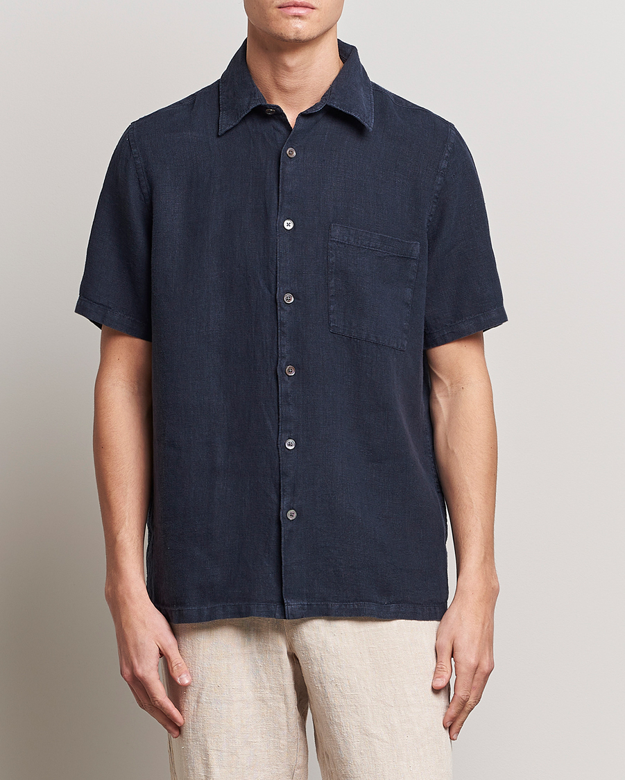 Hombres | Camisas | A Day's March | Khito Short Sleeve Linen Shirt Dark Navy