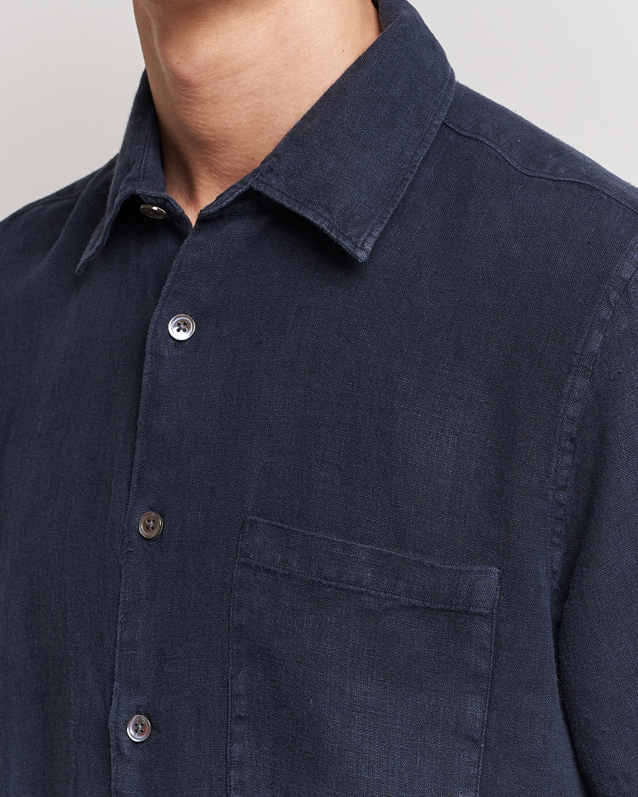 Hombres | Camisas | A Day's March | Khito Short Sleeve Linen Shirt Dark Navy