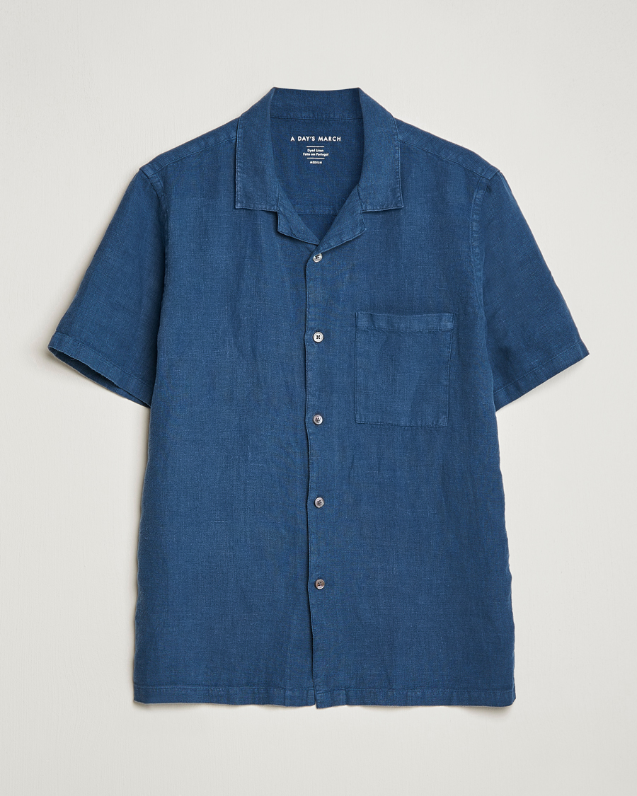 Hombres | Camisas | A Day's March | Yamu Short Sleeve Linen Shirt Indigo Blue