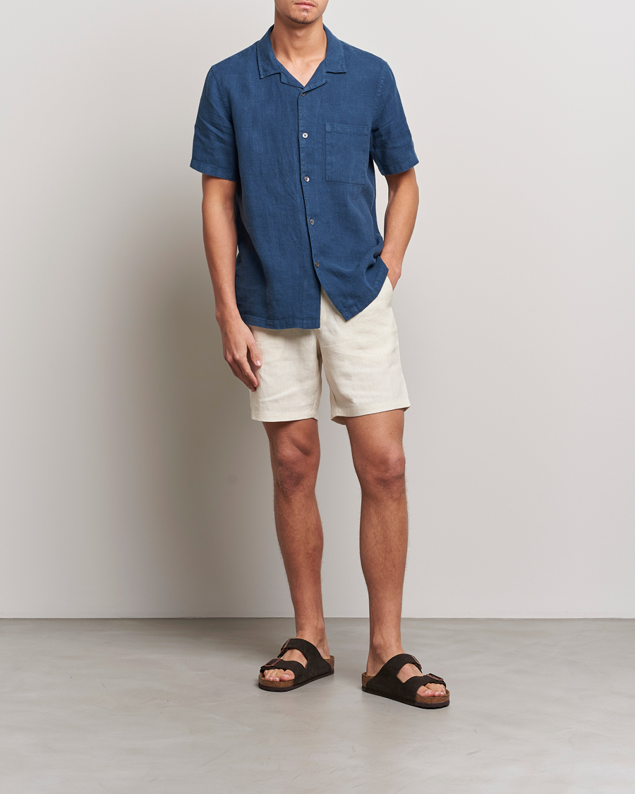 Hombres | Camisas | A Day's March | Yamu Short Sleeve Linen Shirt Indigo Blue