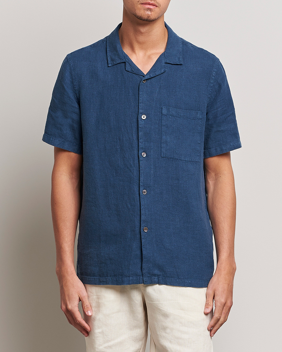 Hombres | Camisas | A Day's March | Yamu Short Sleeve Linen Shirt Indigo Blue