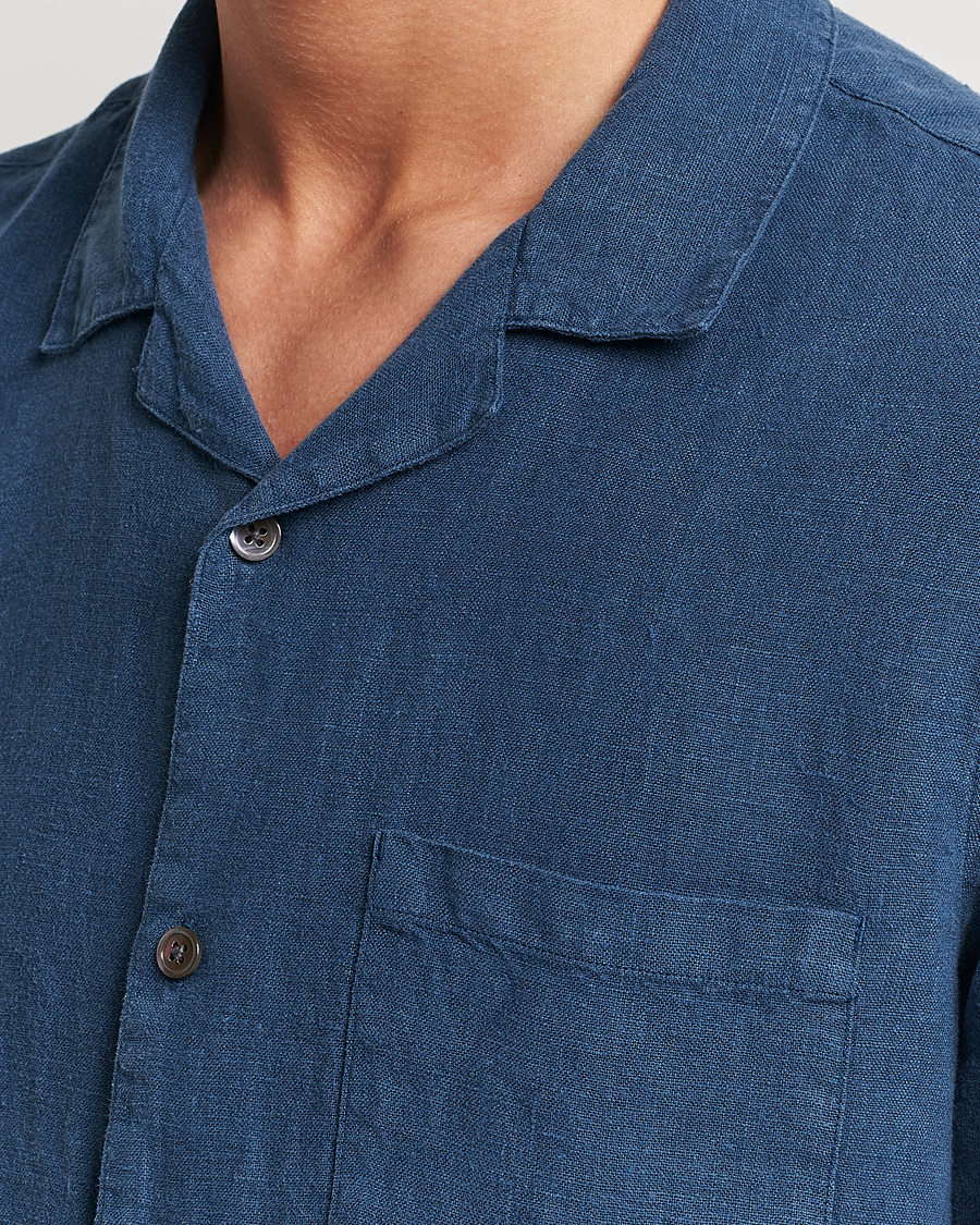 Hombres | Camisas | A Day's March | Yamu Short Sleeve Linen Shirt Indigo Blue