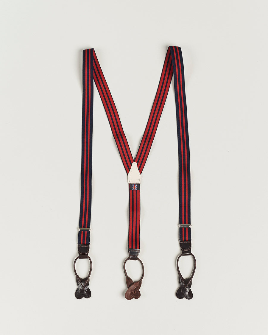 Hombres | Albert Thurston Elastic Narrow Stripe Braces 25mm Navy/Red | Albert Thurston | Elastic Narrow Stripe Braces 25mm Navy/Red